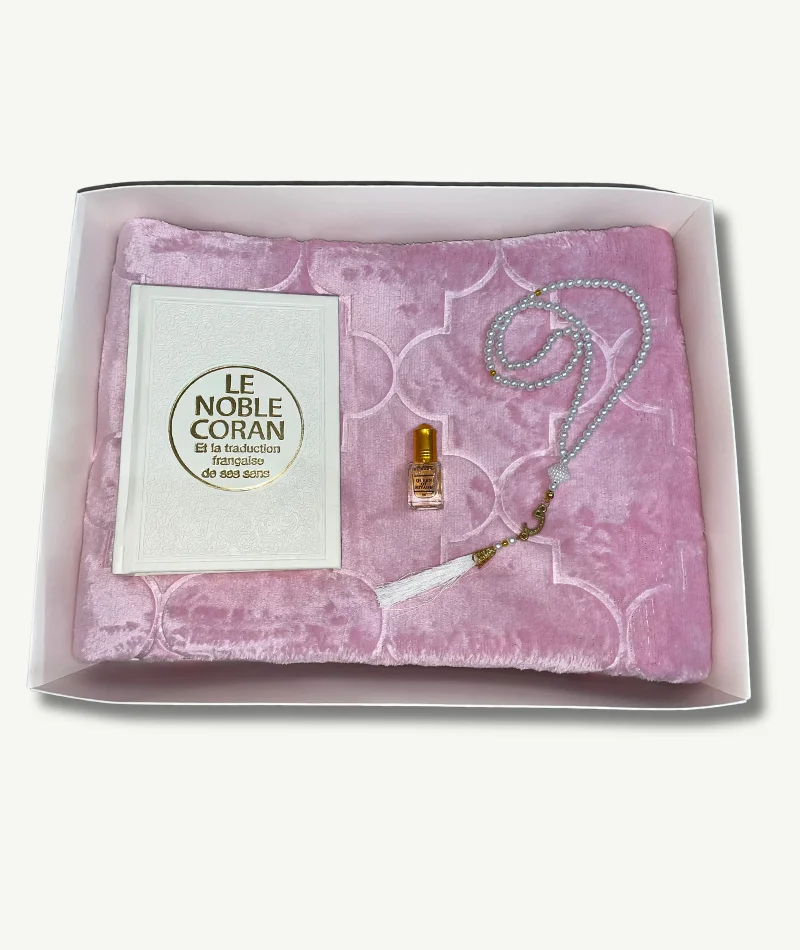 Coffret Hana - Collection Silver Islamique - Tapis Rose Clair -Coran - Tasbih et Musc - Boutique Paradis Oriental.