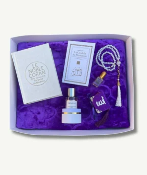 Coffret Inaya - Collection Diamant Islamique - Tapis Violet - Coran - Tasbih, la Citadelle du Musulman, Mini Coran - Musc - Parfum Ismahane- Boutique Paradis Oriental.