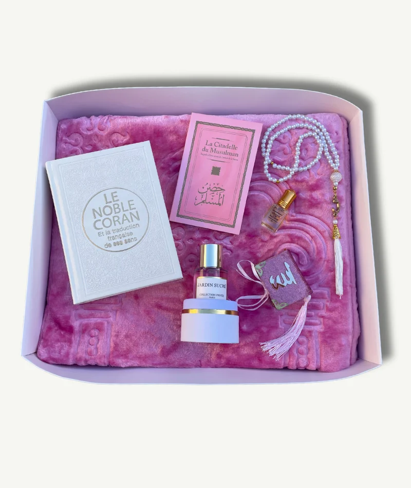 Coffret Kamilla - Collection Diamant Islamique - Tapis Rose -Coran - la Citadelle du Musulman-Tasbih et Mini Coran - Musc - Parfum Jardin Sucré - Boutique Paradis Oriental.