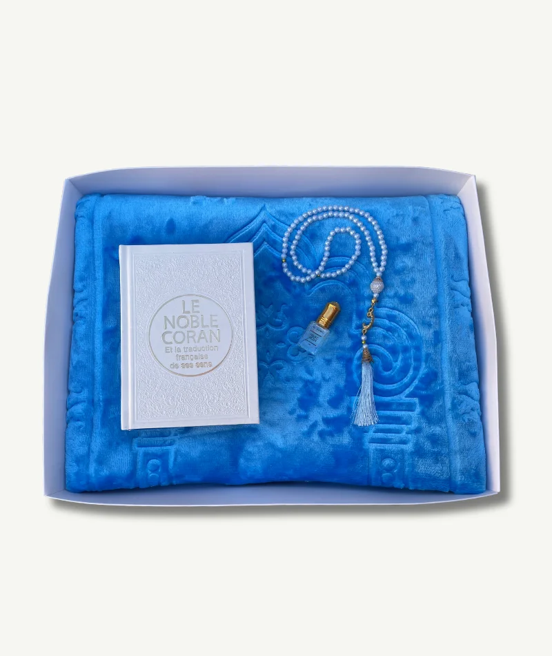 Coffret Liam - Collection Silver Islamique - Tapis Bleu Coran - Tasbih et Musc - Boutique Paradis Oriental.