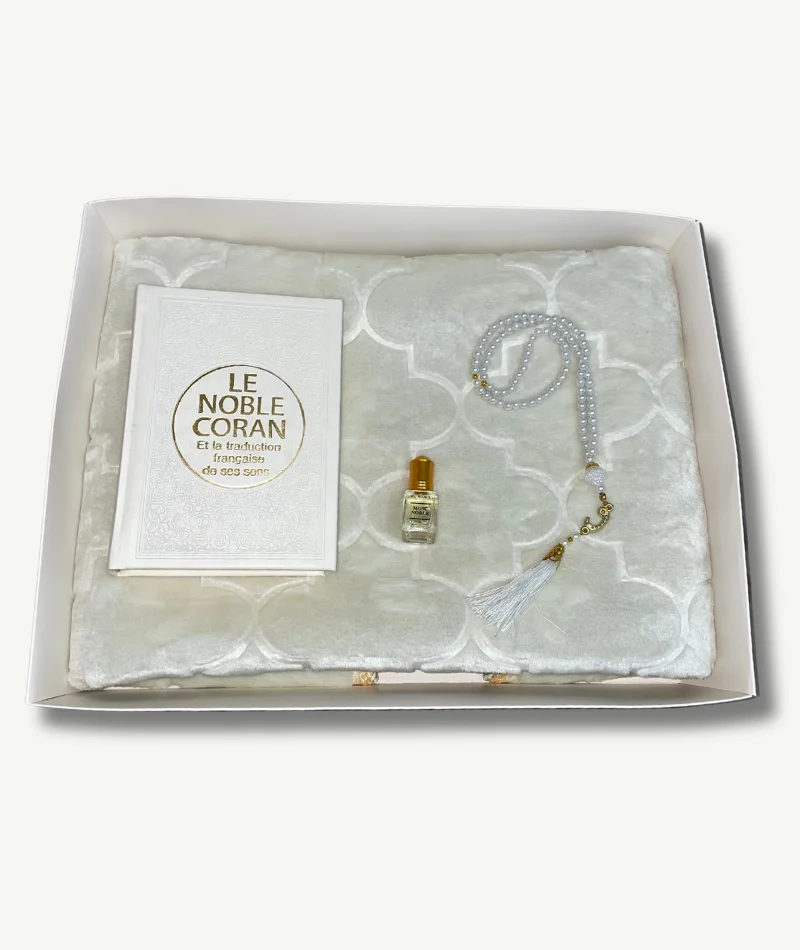 Coffret Noé - Collection Silver Islamique - Tapis Blanc Coran - Tasbih et Musc - Boutique Paradis Oriental.