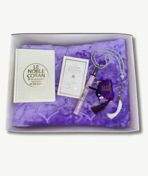 Coffret Nour - Collection Prestige Islamique - Tapis Lila Coran - Tasbih et Mini Coran - Parfum - Boutique Paradis Oriental.
