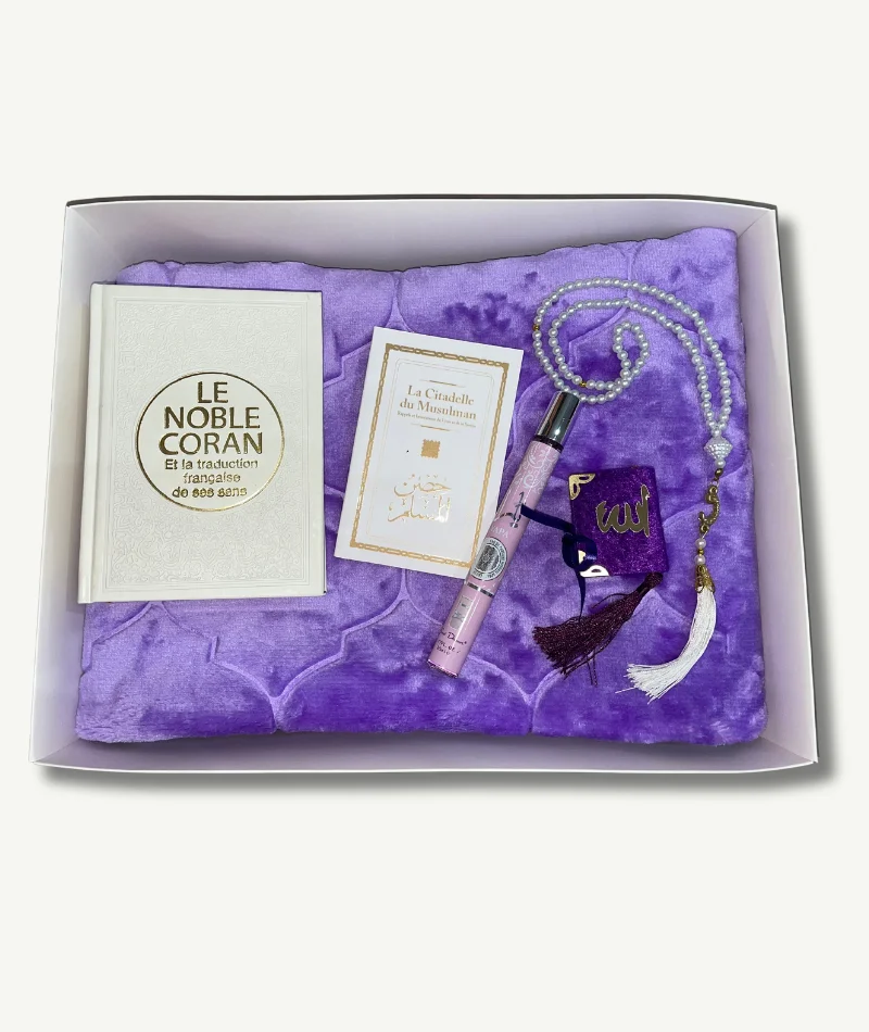 Coffret Nour - Collection Prestige Islamique - Tapis Lila Coran - Tasbih et Mini Coran - Parfum - Boutique Paradis Oriental.