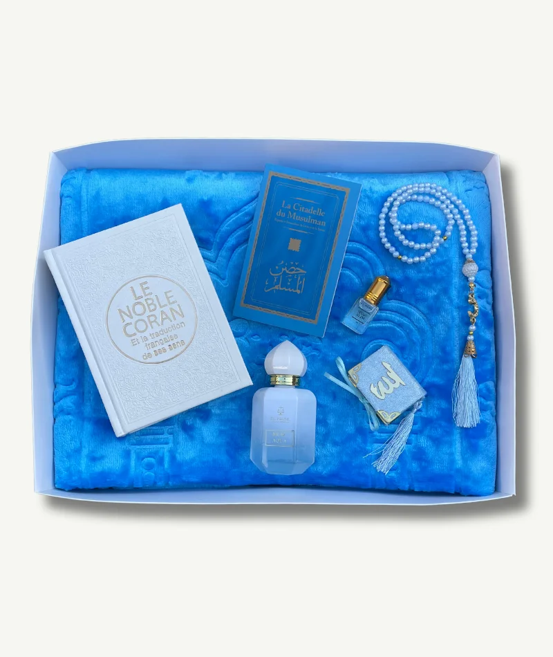 Coffret Rayan - Collection Diamant Islamique - Tapis Bleu Coran - Tasbih et Mini Coran - Parfum Musc El Nabil - Boutique Paradis Oriental.