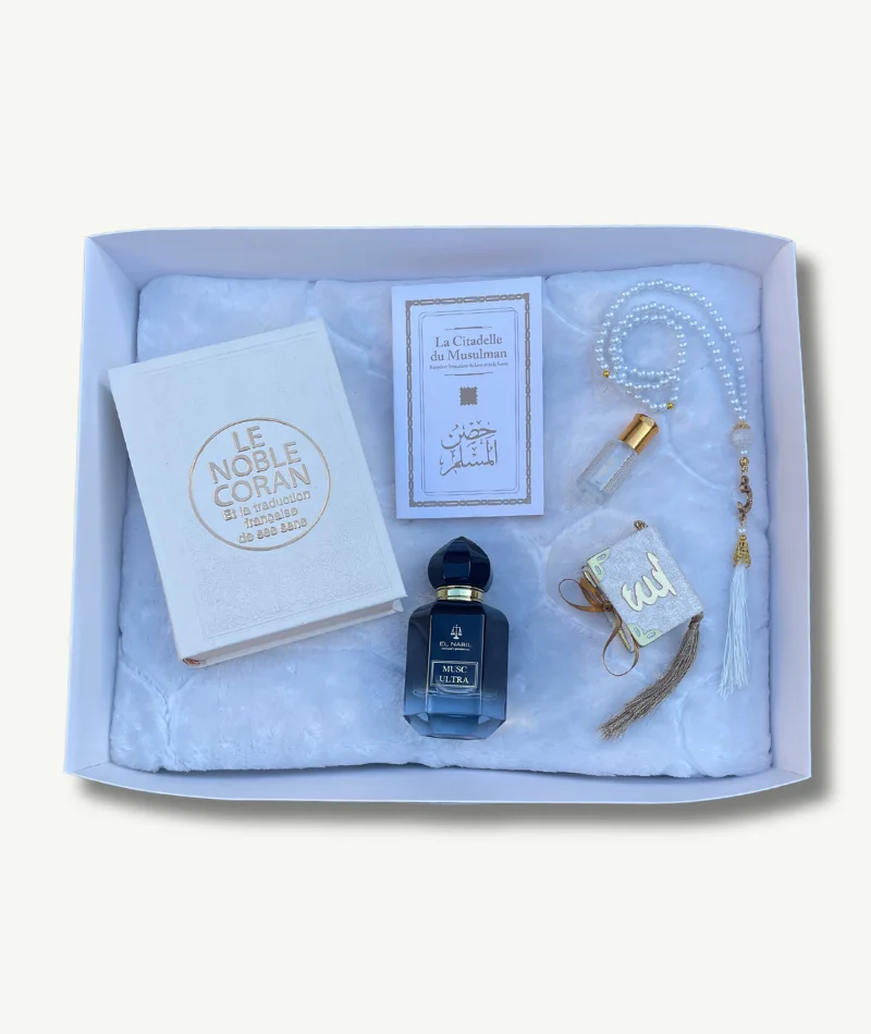 Coffret Sohan - Collection Diamant Islamique - Tapis Blanc Coran - Tasbih et Mini Coran - Parfum Muskc El Nabil - Citadelle du Musulman - Boutique Paradis Oriental.